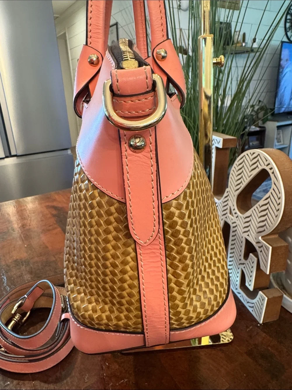 Dooney & Bourke Beacon Woven Embossed Leather Satchel/Crossbody with Pink Trim